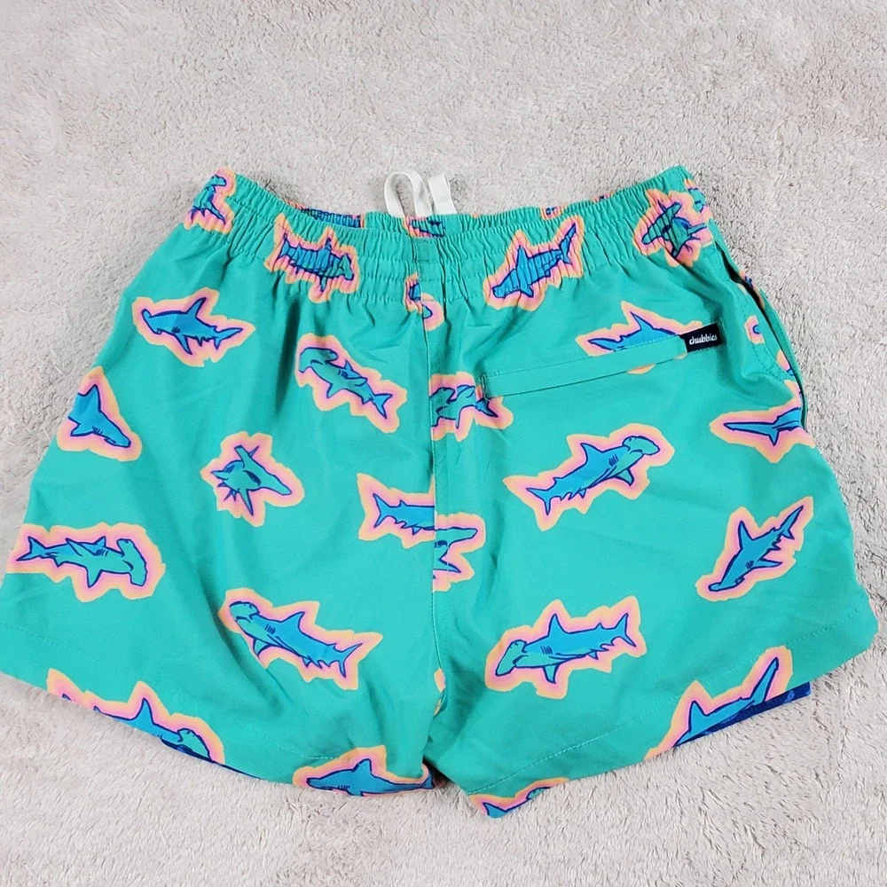 Chubbies Small  Mens Teal Hammerhead Shark Print Swim Trunks 4 Inch Inseam Flaw